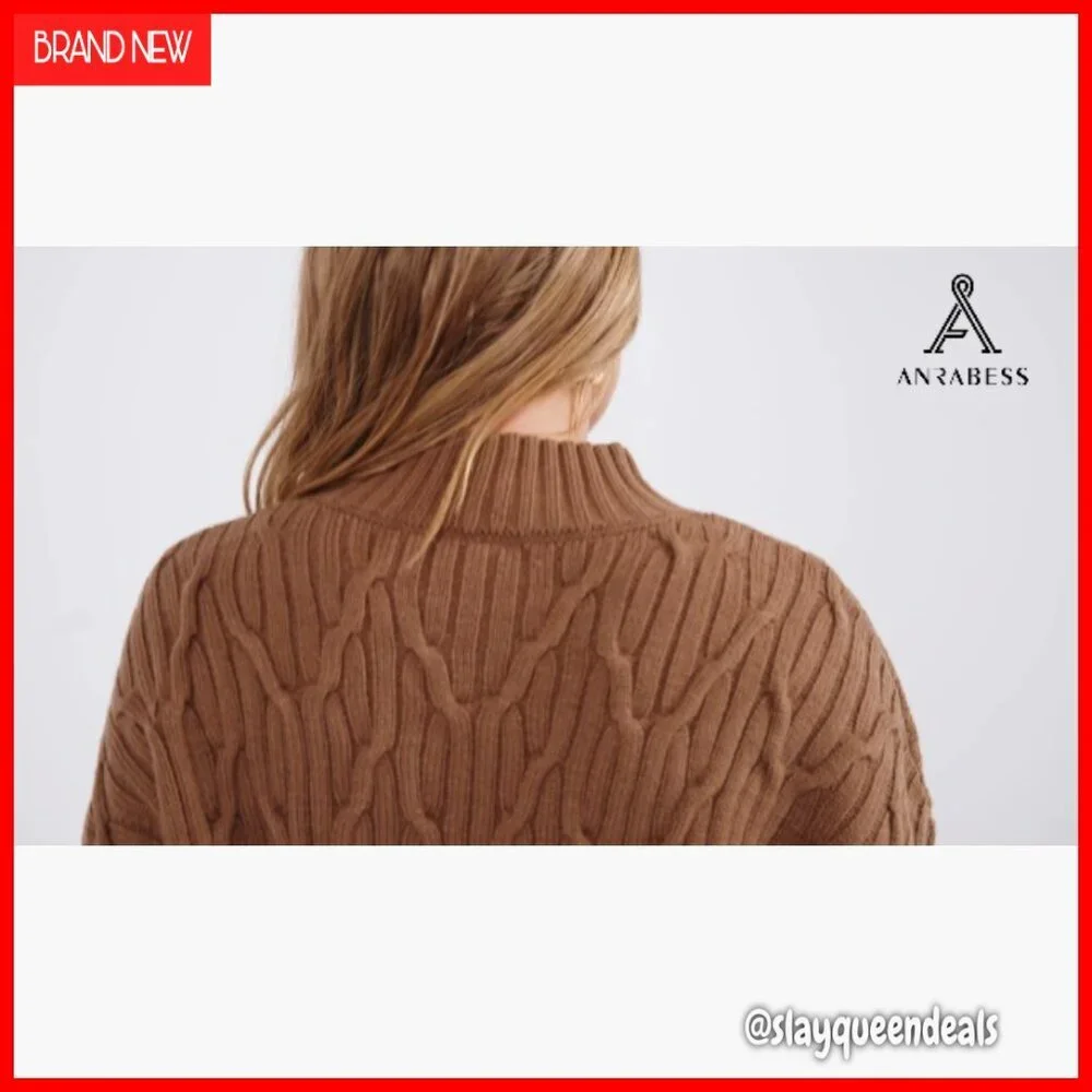 Oversized Cable Knit Mock Turtle Neck Sweater Tunic Pullover
